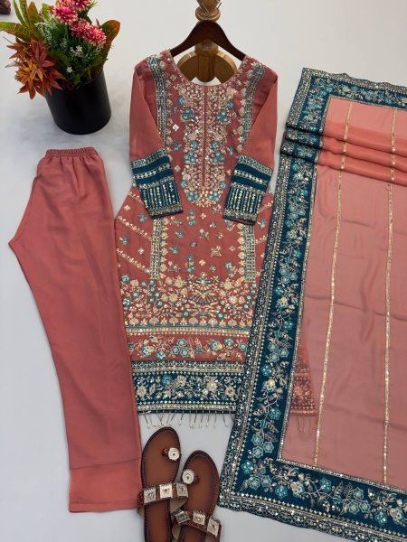Dazzling Pearl Pink Georgette Kurti Set With Full Embroidery Work At Original Manufacturer Rate Ready To Wear Collection