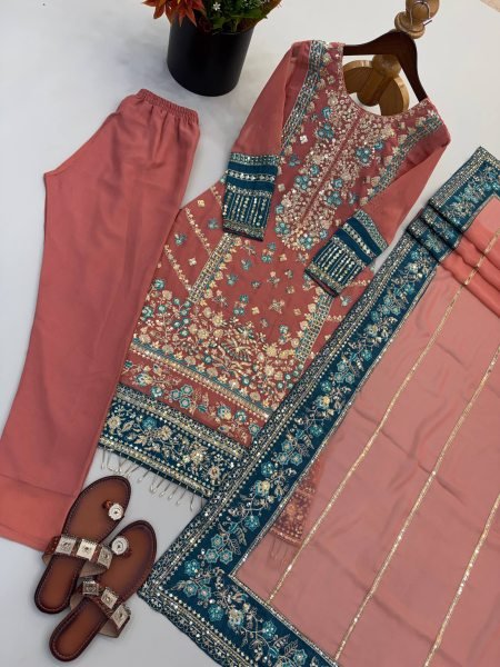 Dazzling Pearl Pink Georgette Kurti Set With Full Embroidery Work At Original Manufacturer Rate Ready To Wear Collection