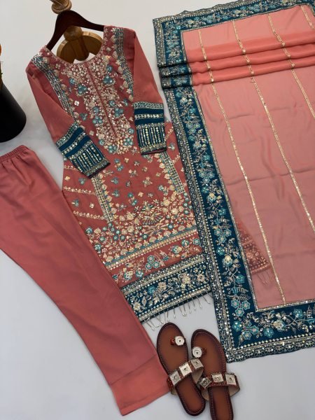 Dazzling Pearl Pink Georgette Kurti Set With Full Embroidery Work At Original Manufacturer Rate Ready To Wear Collection