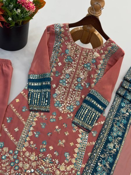 Dazzling Pearl Pink Georgette Kurti Set With Full Embroidery Work At Original Manufacturer Rate Ready To Wear Collection