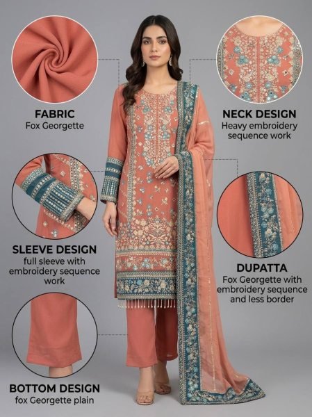 Dazzling Pearl Pink Georgette Kurti Set With Full Embroidery Work At Original Manufacturer Rate Ready To Wear Collection