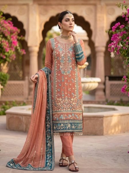 Dazzling Pearl Pink Georgette Kurti Set With Full Embroidery Work At Original Manufacturer Rate Ready To Wear Collection