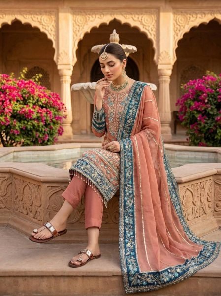 Dazzling Pearl Pink Georgette Kurti Set With Full Embroidery Work At Original Manufacturer Rate Ready To Wear Collection