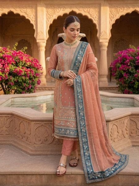 Dazzling Pearl Pink Georgette Kurti Set With Full Embroidery Work At Original Manufacturer Rate Ready To Wear Collection
