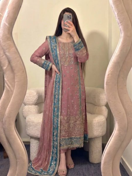 Dazzling Pearl Pink Georgette Kurti Set With Full Embroidery Work At Original Manufacturer Rate Ready To Wear Collection