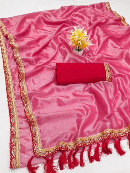 Dazzling Pink Designer Twill Tissue Saree with Banglori Silk Lace Blouse at Factory Price 