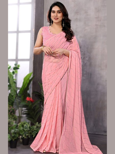 Dazzling Pink Embellished Bollywood-Style Georgette Saree For Wedding Wear Designer Wedding Sarees Wholesale
