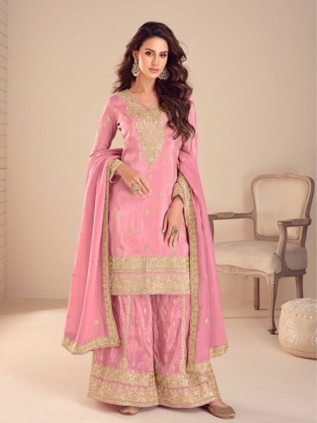 Dazzling Pink Embroidered Kurta With Sharara And Dupatta From Devine   Embroidery Suits Wholesale