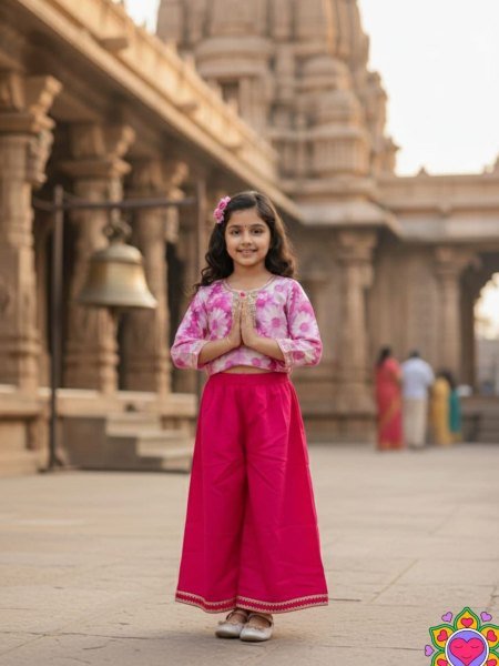 Dazzling Pink Girls Cotton Outfit with Lace Border Plazzo For Daily Wear Girls Wear