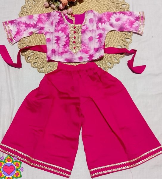 Dazzling Pink Girls Cotton Outfit with Lace Border Plazzo For Daily Wear Girls Wear
