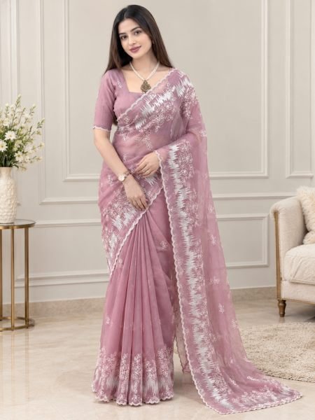 Dazzling Pink Heavy Thread Work Saree With Unstitch Matching Saree at Manufacturer  