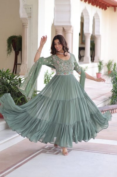 Dazzling Pista Green Embroidered Faux Blooming Gown with 12 Meter Flair and Designer Dupatta at Party Wear Anarkali Kurtis 