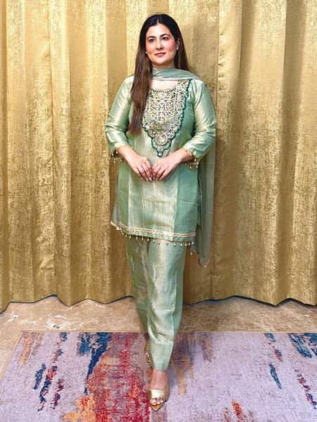 Dazzling Pista Party Wear Tissue Salsa Top with Embroidery and Sequin Work Ready To Wear Suit