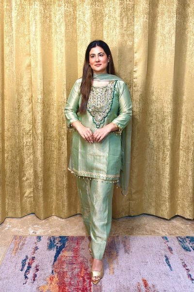 Dazzling Pista Party Wear Tissue Salsa Top with Embroidery and Sequin Work Ready To Wear Collection