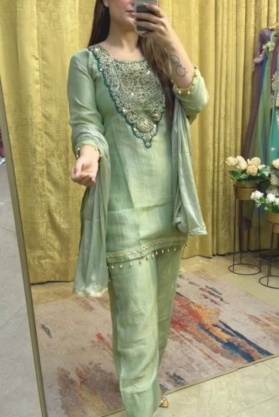 Dazzling Pista Party Wear Tissue Salsa Top with Embroidery and Sequin Work Ready To Wear Collection