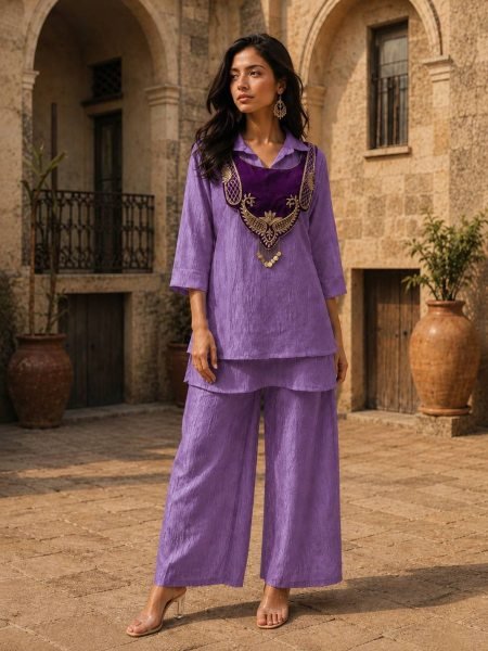 Dazzling Purple Crunchy Silk Kurti Palazzo Koti Set with Handwork Coin Detailing for Rakhi Kurtis
