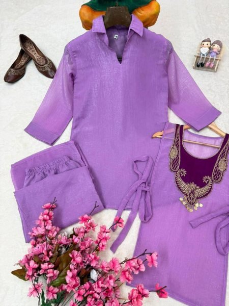 Dazzling Purple Crunchy Silk Kurti Palazzo Koti Set with Handwork Coin Detailing for Rakhi CO ORD Sets