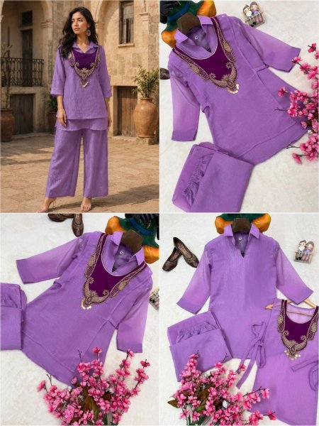 Dazzling Purple Crunchy Silk Kurti Palazzo Koti Set with Handwork Coin Detailing for Rakhi CO ORD Sets