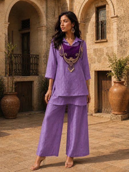 Dazzling Purple Crunchy Silk Kurti Palazzo Koti Set with Handwork Coin Detailing for Rakhi CO ORD Sets