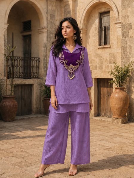 Dazzling Purple Crunchy Silk Kurti Palazzo Koti Set with Handwork Coin Detailing for Rakhi CO ORD Sets