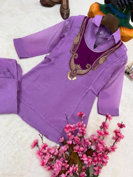Dazzling Purple Crunchy Silk Kurti Palazzo Koti Set with Handwork Coin Detailing for Rakhi CO ORD Sets