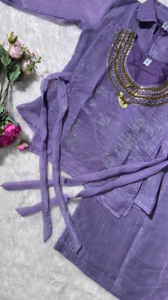 Dazzling Purple Crunchy Silk Top Shirt and Plazzo Set with Handworked Designer Neckline For Women 3 Piece Kurti Set