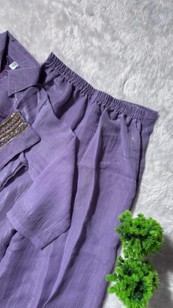 Dazzling Purple Crunchy Silk Top Shirt and Plazzo Set with Handworked Designer Neckline For Women 3 Piece Kurti Set