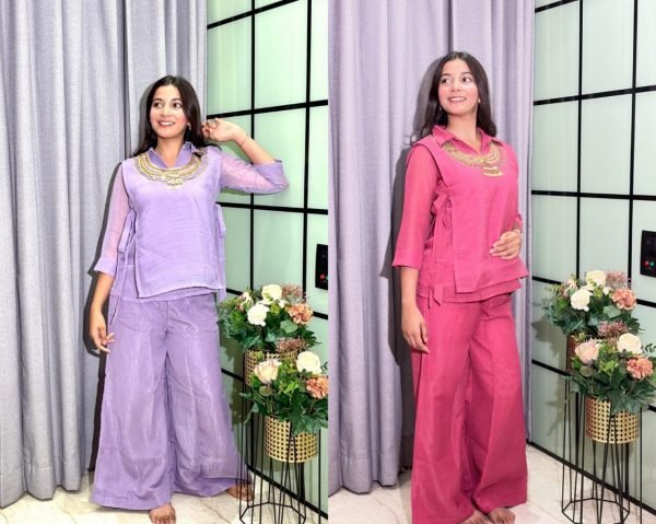 Dazzling Purple Crunchy Silk Top Shirt and Plazzo Set with Handworked Designer Neckline For Women 3 Piece Kurti Set