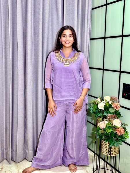 Dazzling Purple Crunchy Silk Top Shirt and Plazzo Set with Handworked Designer Neckline For Women 3 Piece Kurti Set