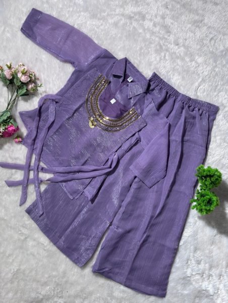 Dazzling Purple Crunchy Silk Top Shirt and Plazzo Set with Handworked Designer Neckline For Women 3 Piece Kurti Set