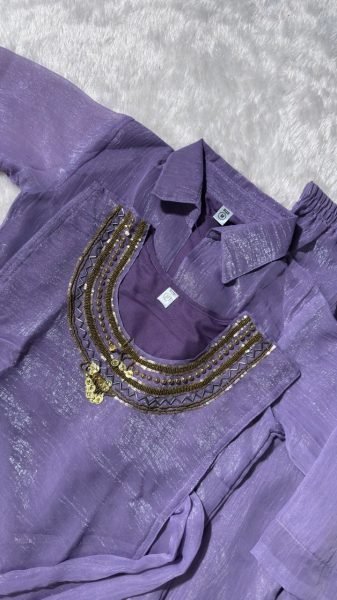 Dazzling Purple Crunchy Silk Top Shirt and Plazzo Set with Handworked Designer Neckline For Women 3 Piece Kurti Set