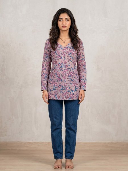 Dazzling Mauve Pink Designer Cotton Digital Print Straight Cut Kurti for Casual Kurtis