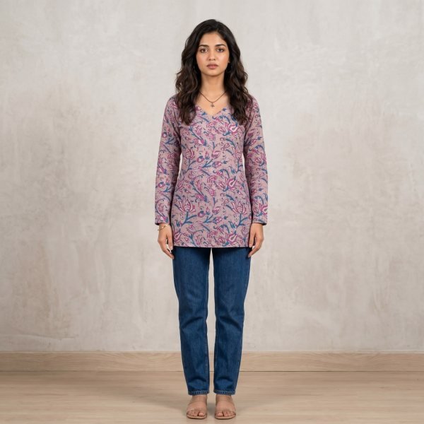 Dazzling Mauve Pink Designer Cotton Digital Print Straight Cut Kurti for Casual Full Set Kurti