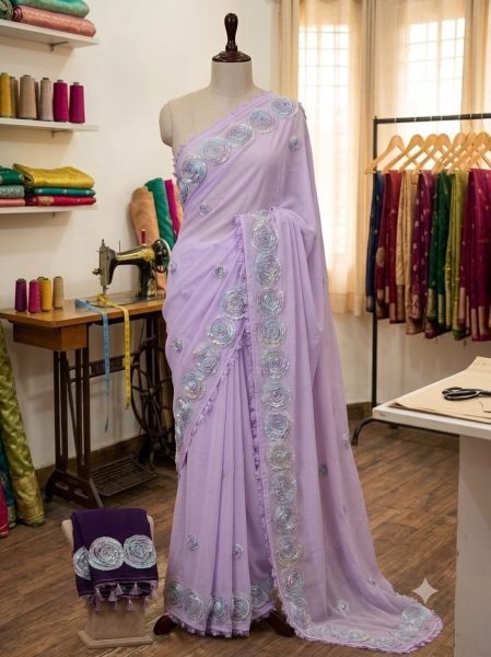 Dazzling Purple Georgette Saree with All Over Multicolor Floral Work For Party Wear Georgette Sarees Wholesale
