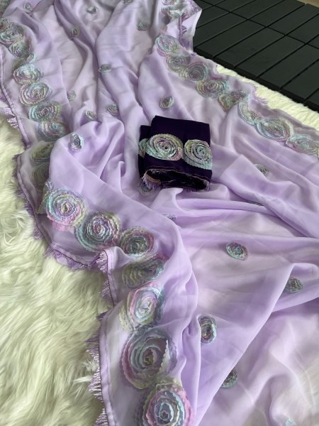 Dazzling Purple Georgette Saree with All Over Multicolor Floral Work For Party Wear Georgette Sarees Wholesale