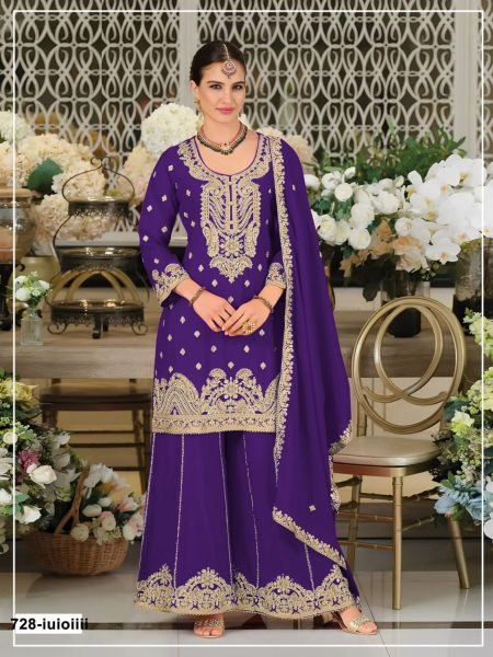 Dazzling Purple Heavy Chinon Silk Coding Embroidery Suit with Dupatta for Festive Wear 
