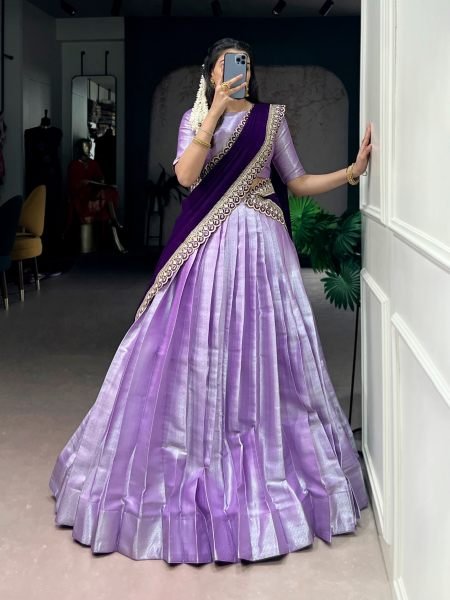 Dazzling Purple Jacquard Silk Lehenga Choli with Sequin Thread Embroidered Dupatta 