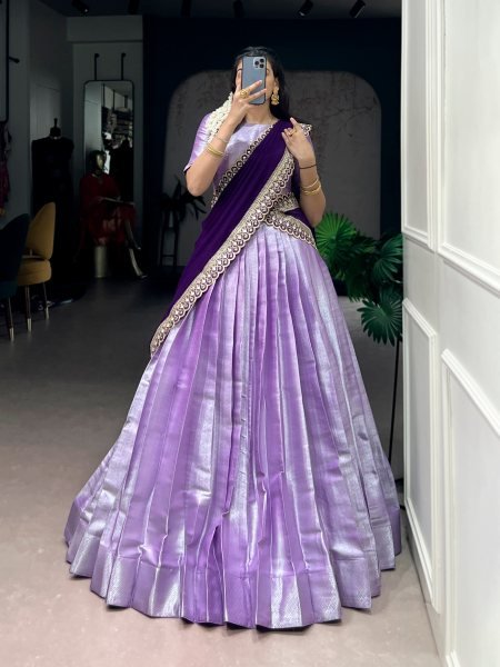 Dazzling Purple Jacquard Silk Lehenga Choli with Sequin Thread Embroidered Dupatta Half Saree Lehenga