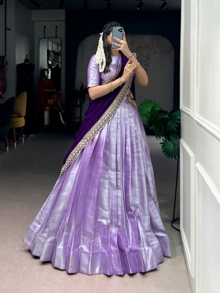 Dazzling Purple Jacquard Silk Lehenga Choli with Sequin Thread Embroidered Dupatta Half Saree Lehenga