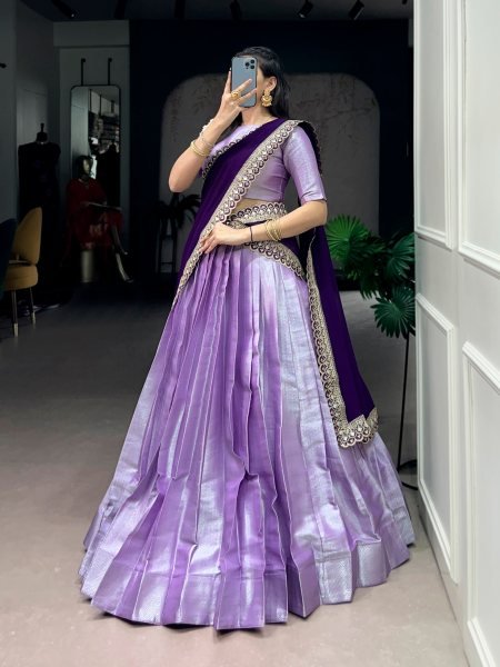 Dazzling Purple Jacquard Silk Lehenga Choli with Sequin Thread Embroidered Dupatta Half Saree Lehenga
