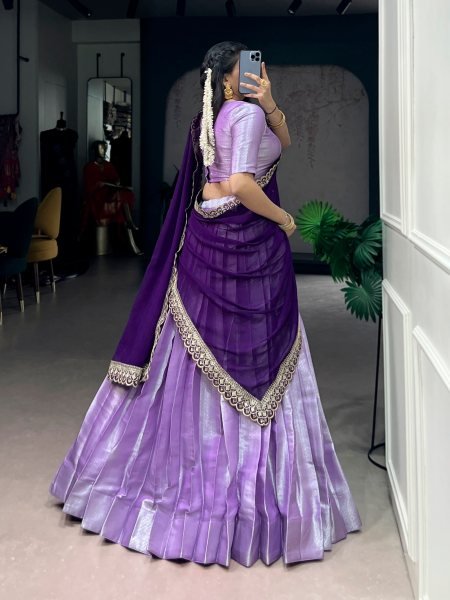 Dazzling Purple Jacquard Silk Lehenga Choli with Sequin Thread Embroidered Dupatta Half Saree Lehenga