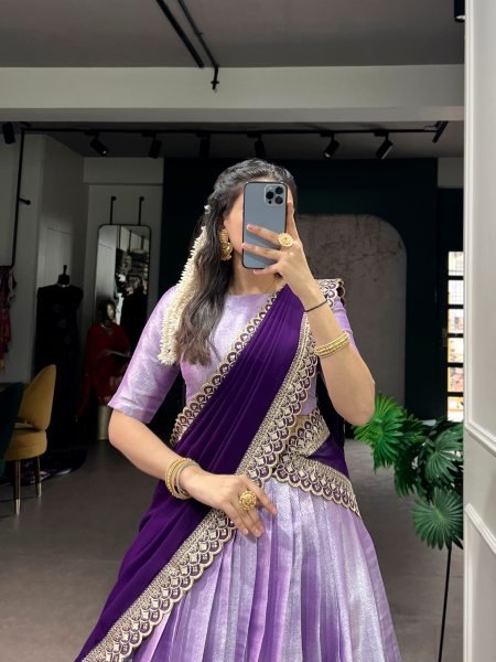 Dazzling Purple Jacquard Silk Lehenga Choli with Sequin Thread Embroidered Dupatta Half Saree Lehenga