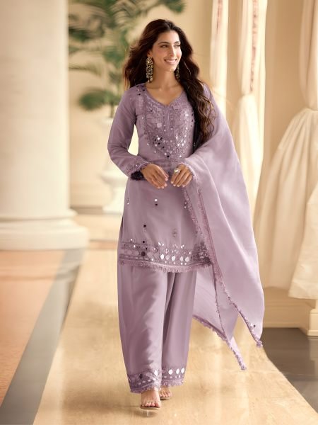 Dazzling Purple Simar Silk Top Palazzo Set with Mirror Work Belt For Festival 