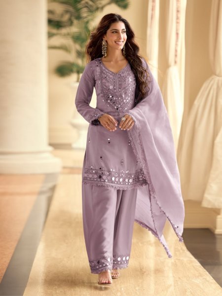 Dazzling Purple Simar Silk Top Palazzo Set with Mirror Work Belt For Festival Designer Plazzo Salwar Suits Wholesale