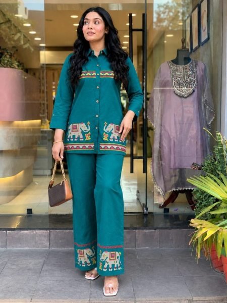 Dazzling Rama Pure Rayon Co Ord Set with Kolar Pattern Embroidery Work at Wholesale Rate CO ORD Sets