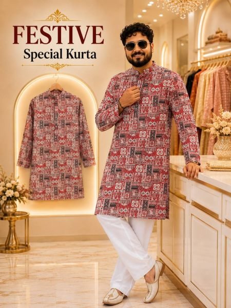 Dazzling Red Festive Special Men s Cotton Printed Kurta Pyjama Set at Wholesale Rate Mens Wear