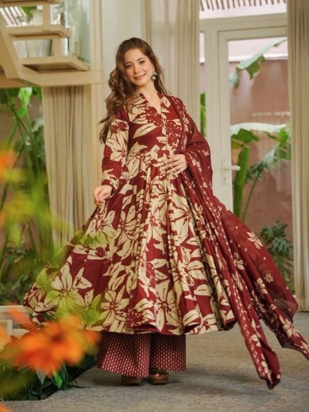 Dazzling Red Printed Anarkali Dress for Festive Celebrations and Family Functions 