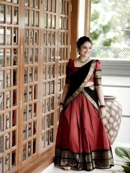 Dazzling Red Unstitched Kanjivaram Silk Half Saree with Banarasi Silk Blouse  Lehenga