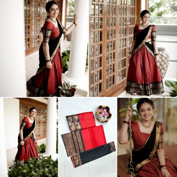 Dazzling Red Unstitched Kanjivaram Silk Half Saree with Banarasi Silk Blouse Half Saree Lehenga