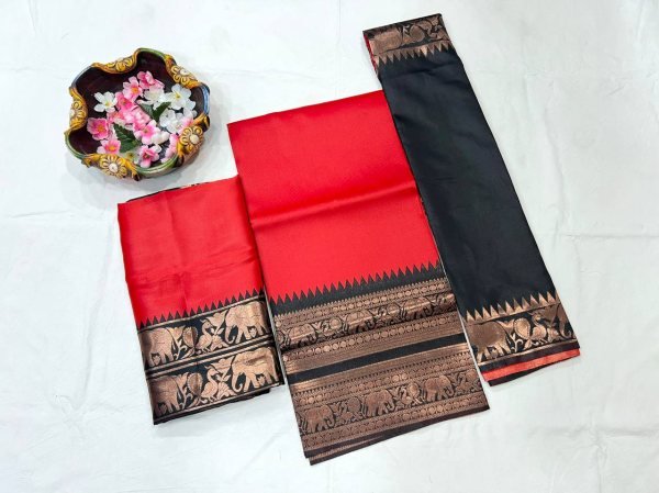 Dazzling Red Unstitched Kanjivaram Silk Half Saree with Banarasi Silk Blouse Half Saree Lehenga